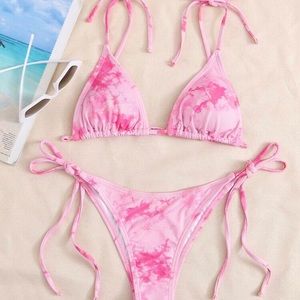 Pink Tie Dye Rib Knot Detail Bikini Swimsuit